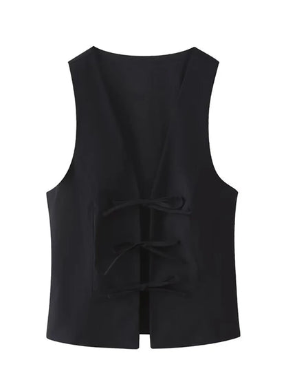 Women Fashion Lace Up Vest V Neck Sleeveless Top Y2k Vintage Solid 2025 Female Summer Sexy Party Tank Tops