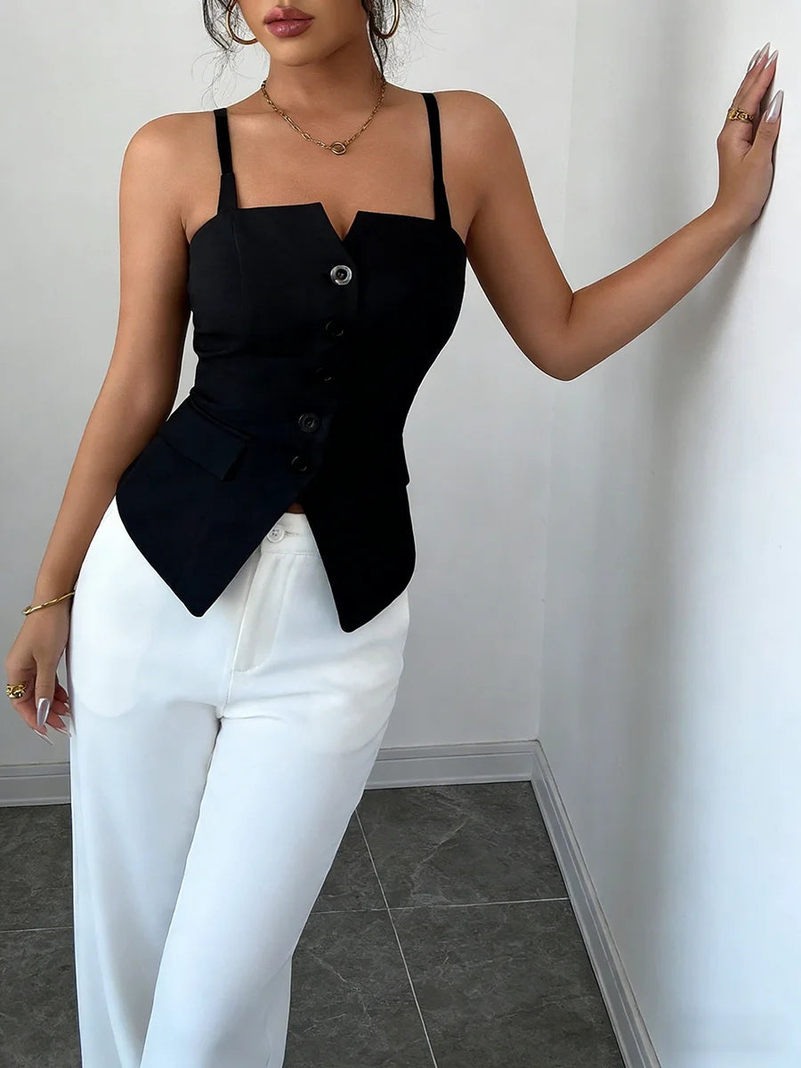 Women's Casual Tank Top Spring Summer Black Top Spaghetti Strap Sweetheart Neck Button Slim Fit Valentine's Day Elegant Sexy Top