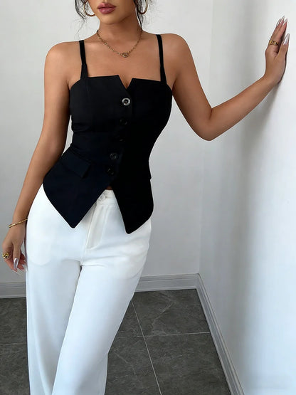 Women's Casual Tank Top Spring Summer Black Top Spaghetti Strap Sweetheart Neck Button Slim Fit Valentine's Day Elegant Sexy Top