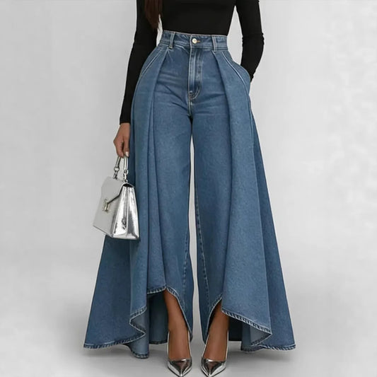 High-Waisted Asymmetric Oversized Jeans Side Drape Wide Leg Pants