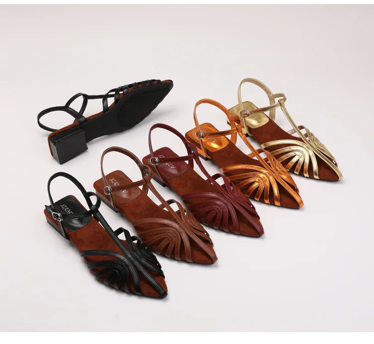 Sandals Summer Low Heel Ankle Strap Buckle Sandals Pointed Toe Hollowed Out T-strap Sandal
