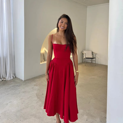 Sweetheart Spaghetti Strap  Fit and Flare Elegant Midi Dress