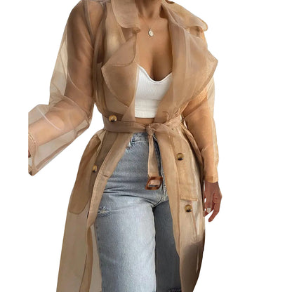 Jackets For Womens Mesh Transparent Overcoat Long Sleeve Buttoned Coat With Belt Turndown Collar Light Weight Long Jackets