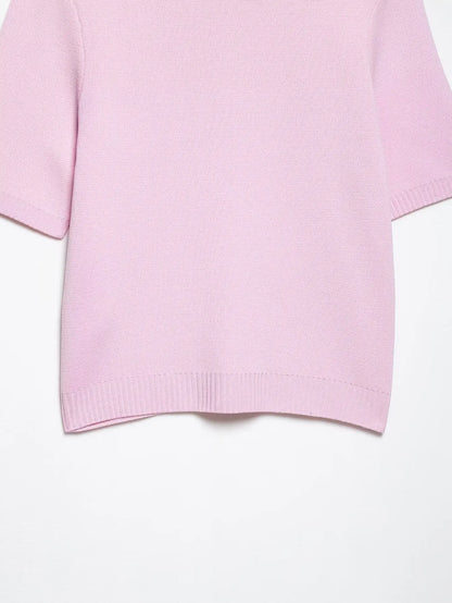 Knitted Skirt Suit Crew Neck Single-Breasted Short Sleeve Top+Fashion Elegant Elastic Waist Mini Skirt