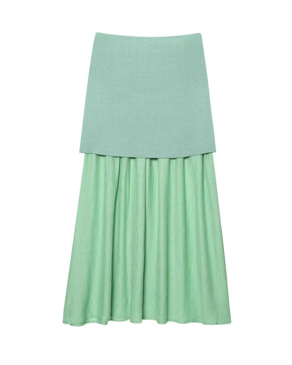 2 Piece Set Chic V-Neck Sleeveless Button Knitted Vest Top + Splicing High Waist Ankle-Length Skirt
