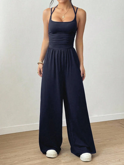 New Spring Summer Jumpsuit Solid Color Casual Simple Spring Summer Suspender Sleeveless High Waist Backless Loose Overalls