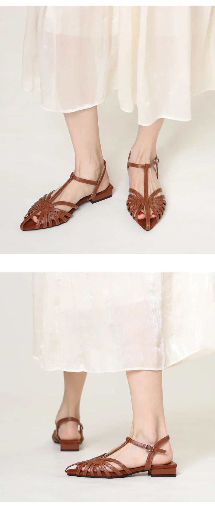 Sandals Summer Low Heel Ankle Strap Buckle Sandals Pointed Toe Hollowed Out T-strap Sandal