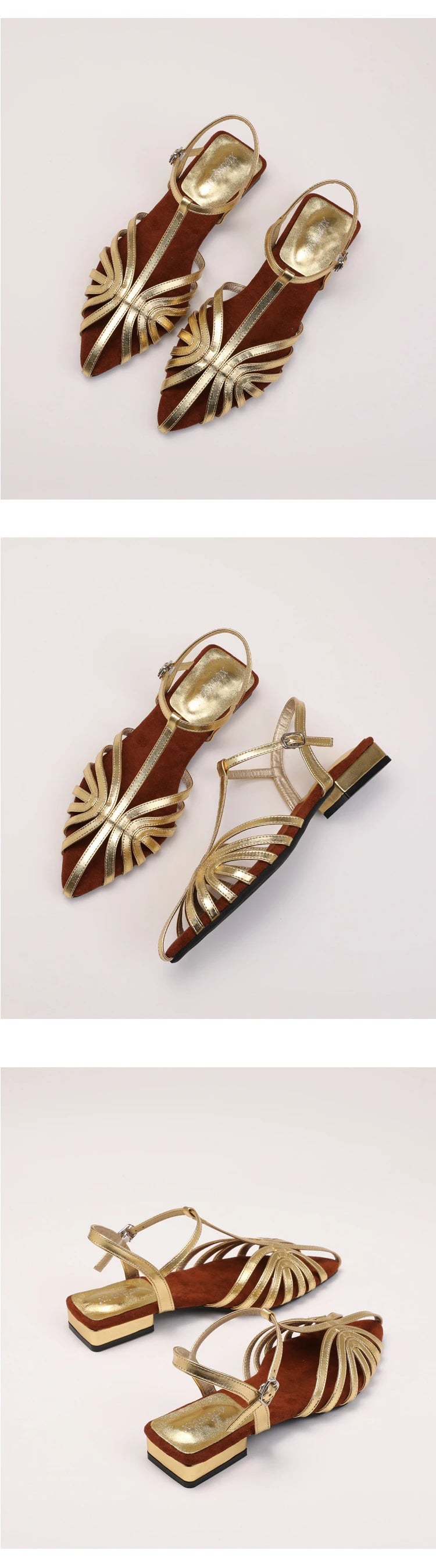 Sandals Summer Low Heel Ankle Strap Buckle Sandals Pointed Toe Hollowed Out T-strap Sandal