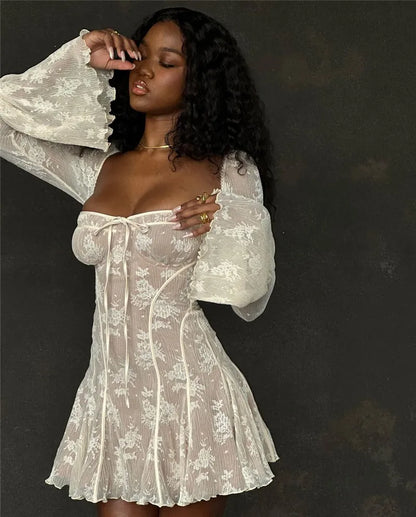 Elegant lace Mini Dress For Women Square Collar Long Sleeve Backless