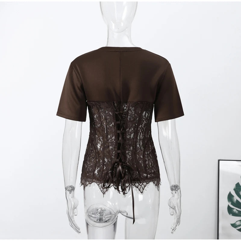 Fashion Floral Lace Fish-bone Patchwork Shirts For Women 2026 Spring New Chic Short Sleeve O-neck Blouse Lady Street Y2K Tops