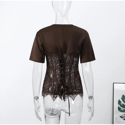 Fashion Floral Lace Fish-bone Patchwork Shirts For Women 2026 Spring New Chic Short Sleeve O-neck Blouse Lady Street Y2K Tops