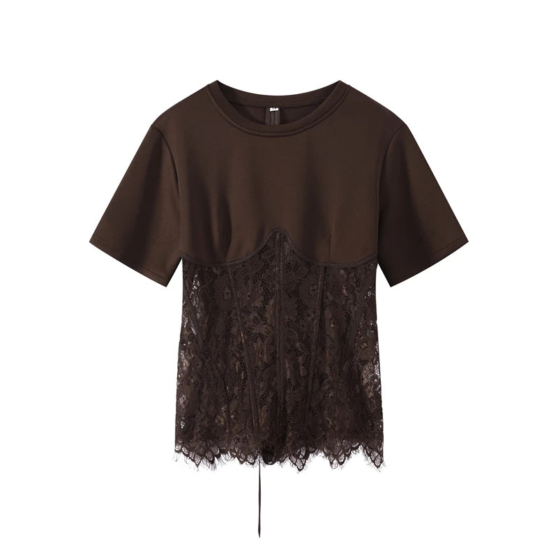Fashion Floral Lace Fish-bone Patchwork Shirts For Women 2026 Spring New Chic Short Sleeve O-neck Blouse Lady Street Y2K Tops