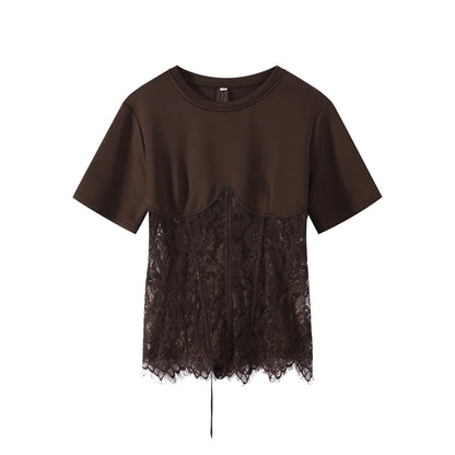 Fashion Floral Lace Fish-bone Patchwork Shirts For Women 2026 Spring New Chic Short Sleeve O-neck Blouse Lady Street Y2K Tops