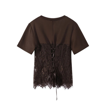 Fashion Floral Lace Fish-bone Patchwork Shirts For Women 2026 Spring New Chic Short Sleeve O-neck Blouse Lady Street Y2K Tops