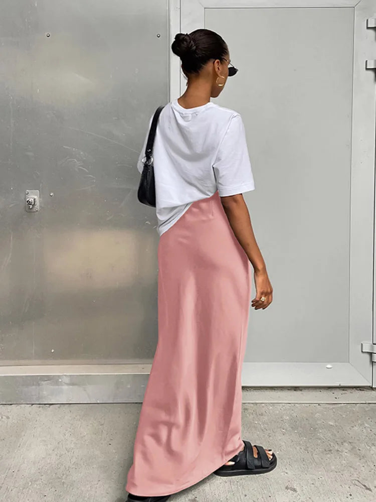 Elegant Long  Slim High Waist Satin Black Trumpet Skirts