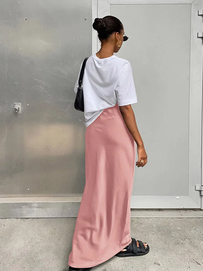 Elegant Long  Slim High Waist Satin Black Trumpet Skirts