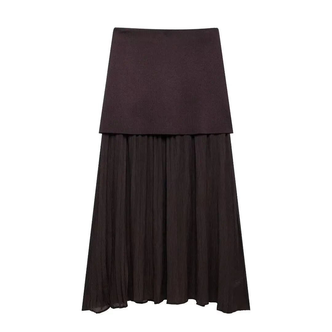 2 Piece Set Chic V-Neck Sleeveless Button Knitted Vest Top + Splicing High Waist Ankle-Length Skirt