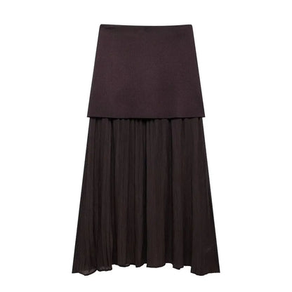 2 Piece Set Chic V-Neck Sleeveless Button Knitted Vest Top + Splicing High Waist Ankle-Length Skirt