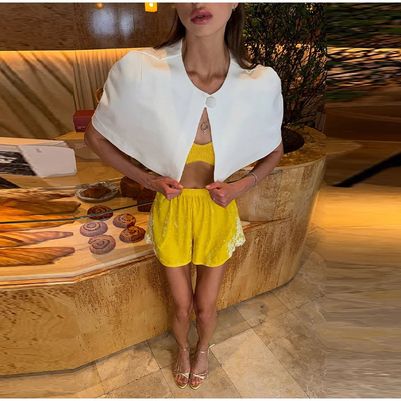 Shawl Crop Tops  Solid Shoulder Pads Stand Collar