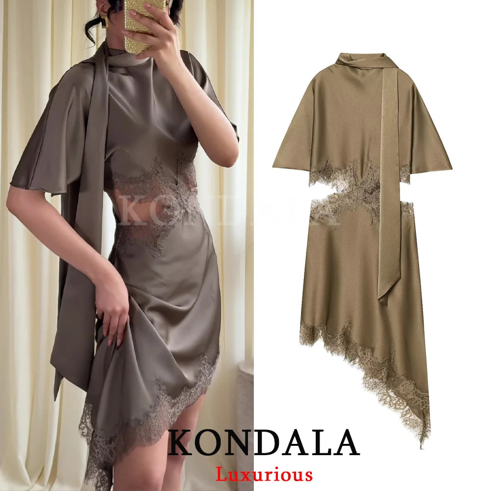 Asymmetrical Lace Trim Midi Dress with Side Slit & Matching Scarf