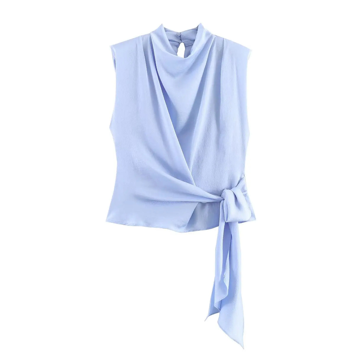 Sleeveless Draped Satin Long ribbon Waist-Tie Top