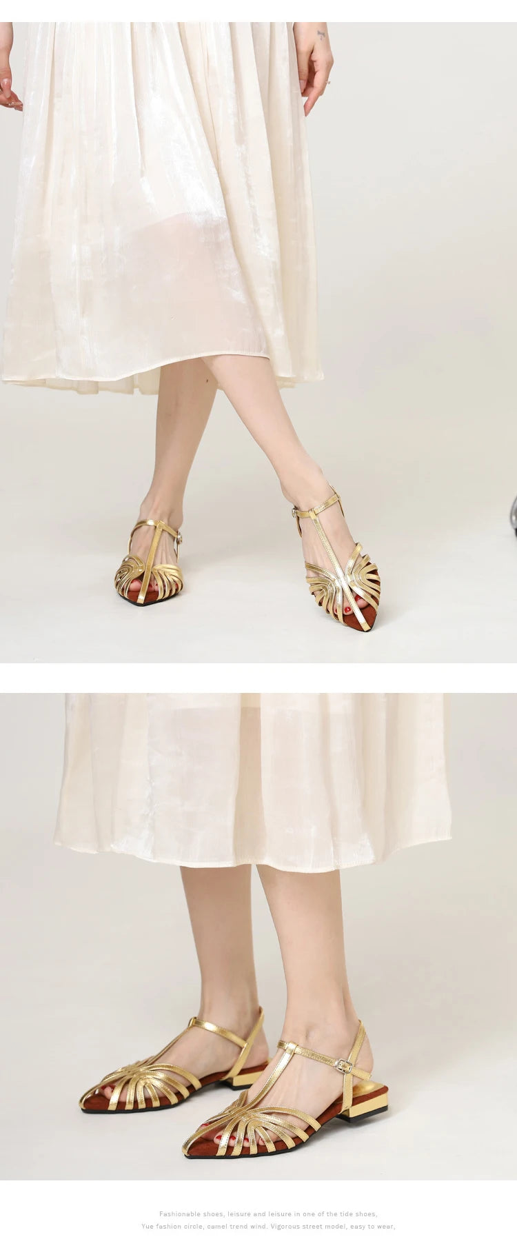 Sandals Summer Low Heel Ankle Strap Buckle Sandals Pointed Toe Hollowed Out T-strap Sandal