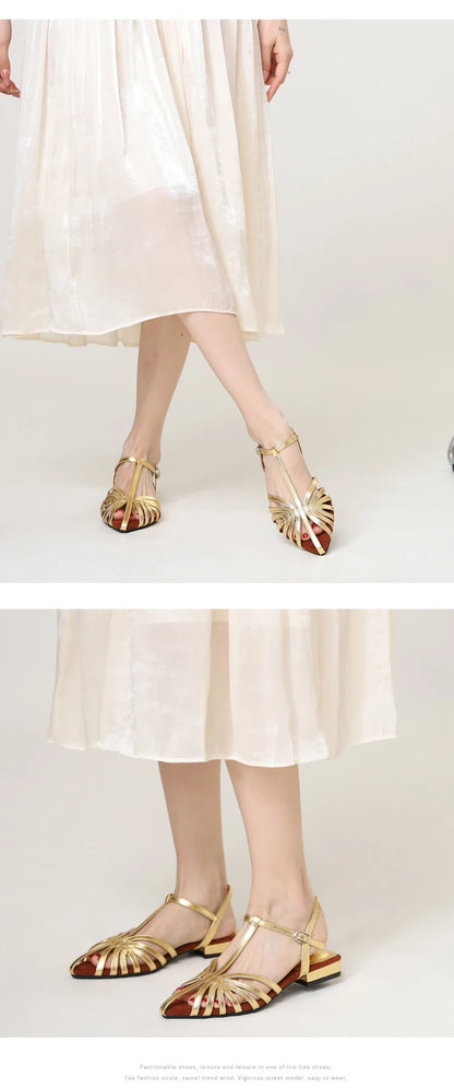 Sandals Summer Low Heel Ankle Strap Buckle Sandals Pointed Toe Hollowed Out T-strap Sandal