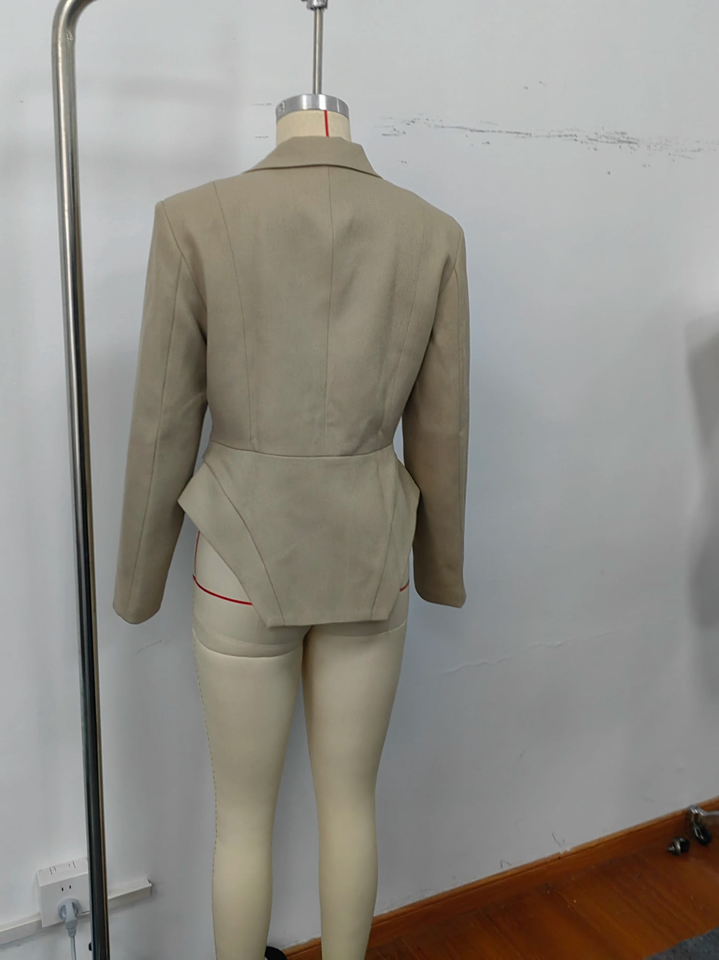 Women Pants Set Curved Hem Coat 2-Piece Sets Beige Stand Collar Jacket Hook Closure Top Wide Leg Trousers Casual Spring Outfit
