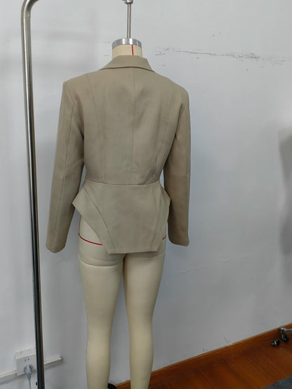 Women Pants Set Curved Hem Coat 2-Piece Sets Beige Stand Collar Jacket Hook Closure Top Wide Leg Trousers Casual Spring Outfit