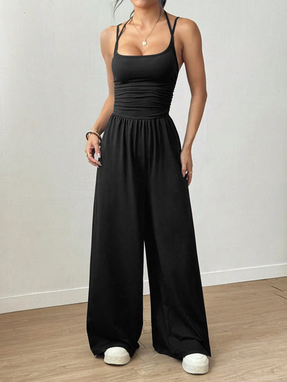 New Spring Summer Jumpsuit Solid Color Casual Simple Spring Summer Suspender Sleeveless High Waist Backless Loose Overalls