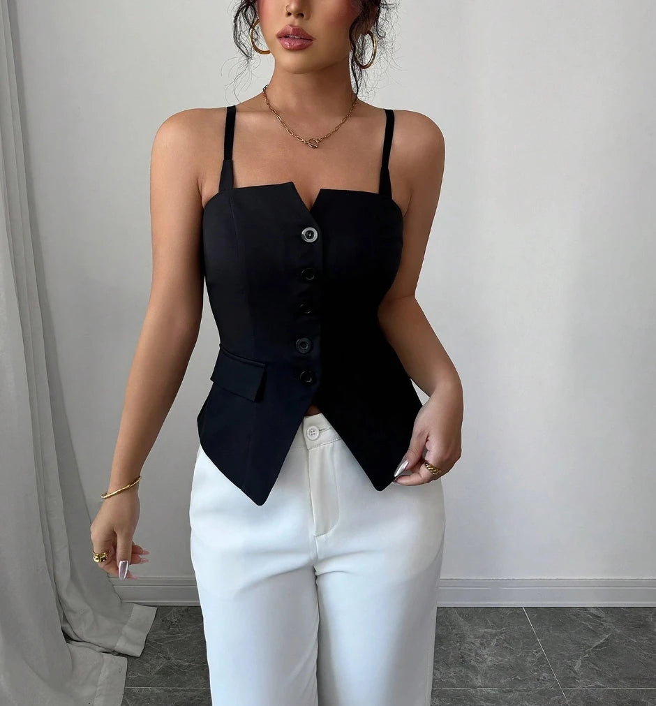 Women's Casual Tank Top Spring Summer Black Top Spaghetti Strap Sweetheart Neck Button Slim Fit Valentine's Day Elegant Sexy Top