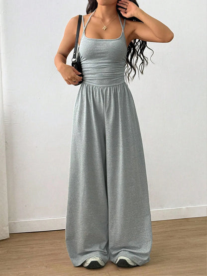 New Spring Summer Jumpsuit Solid Color Casual Simple Spring Summer Suspender Sleeveless High Waist Backless Loose Overalls