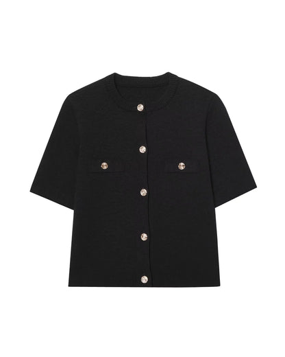 Knitted Skirt Suit Crew Neck Single-Breasted Short Sleeve Top+Fashion Elegant Elastic Waist Mini Skirt
