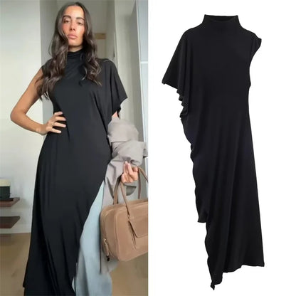 Short-Sleeve High-Neck Asymmetrical Pleated T shirt