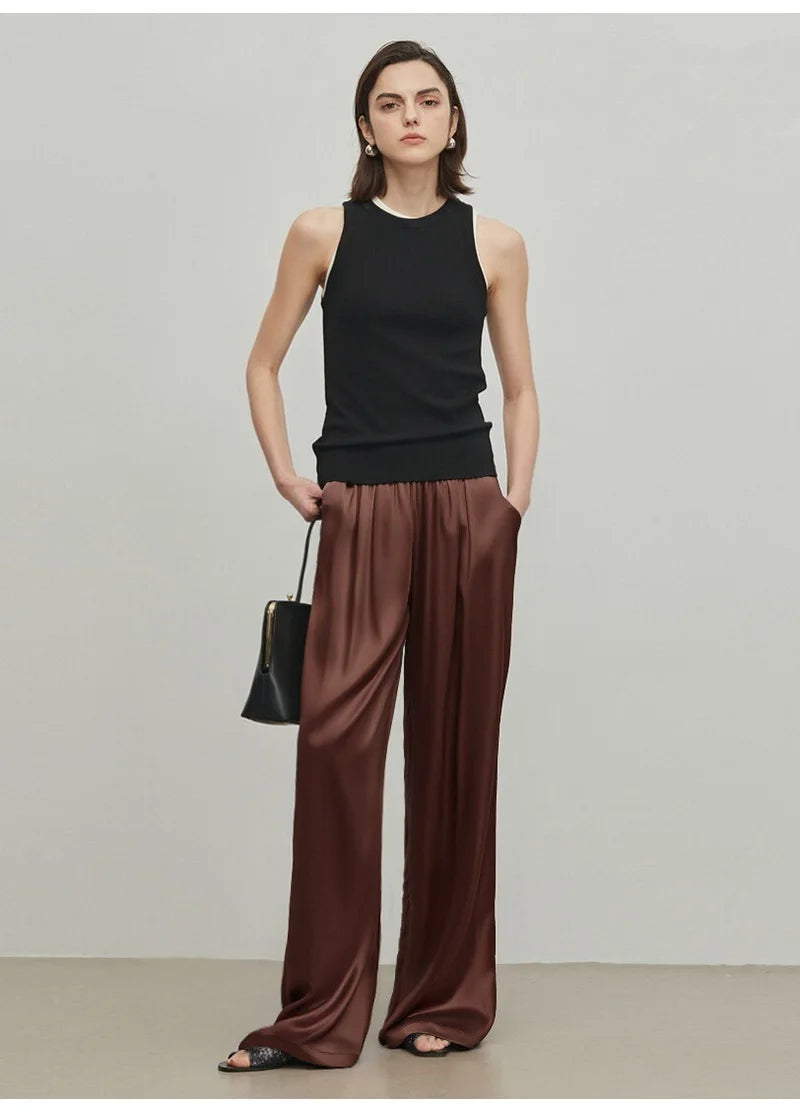 Luxury Wide Leg Baggy Satin High Waist Pants For Women Trousers With Pockets