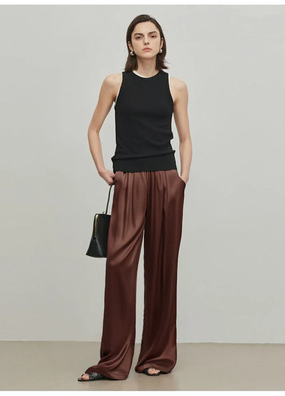 Luxury Wide Leg Baggy Satin High Waist Pants For Women Trousers With Pockets
