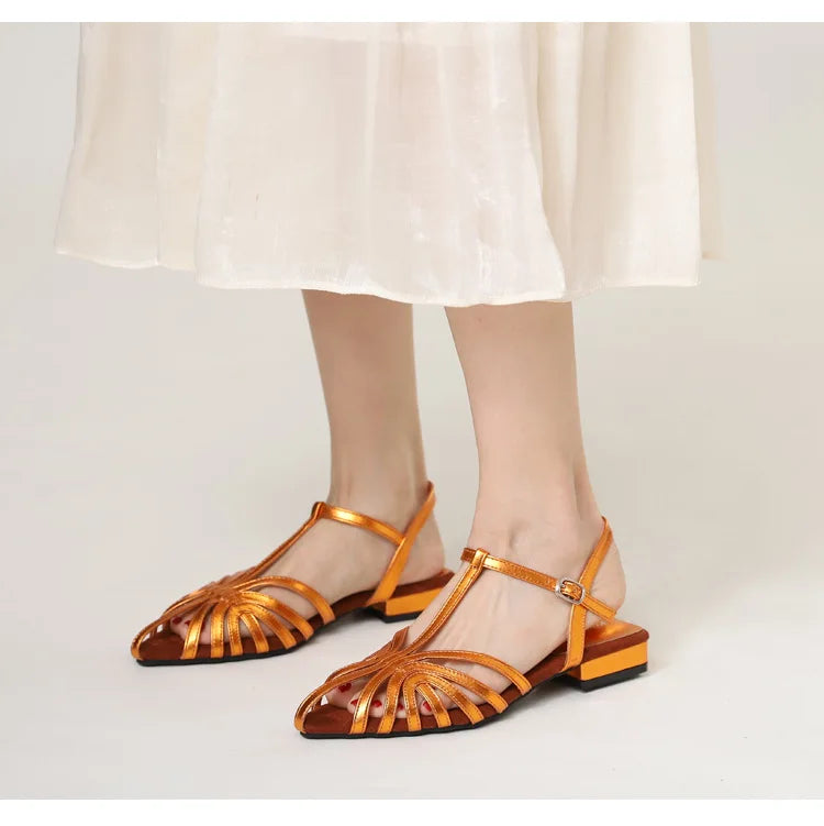 Sandals Summer Low Heel Ankle Strap Buckle Sandals Pointed Toe Hollowed Out T-strap Sandal