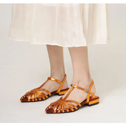 Sandals Summer Low Heel Ankle Strap Buckle Sandals Pointed Toe Hollowed Out T-strap Sandal