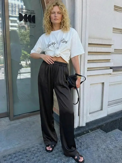 Luxury Wide Leg Baggy Satin High Waist Pants For Women Trousers With Pockets