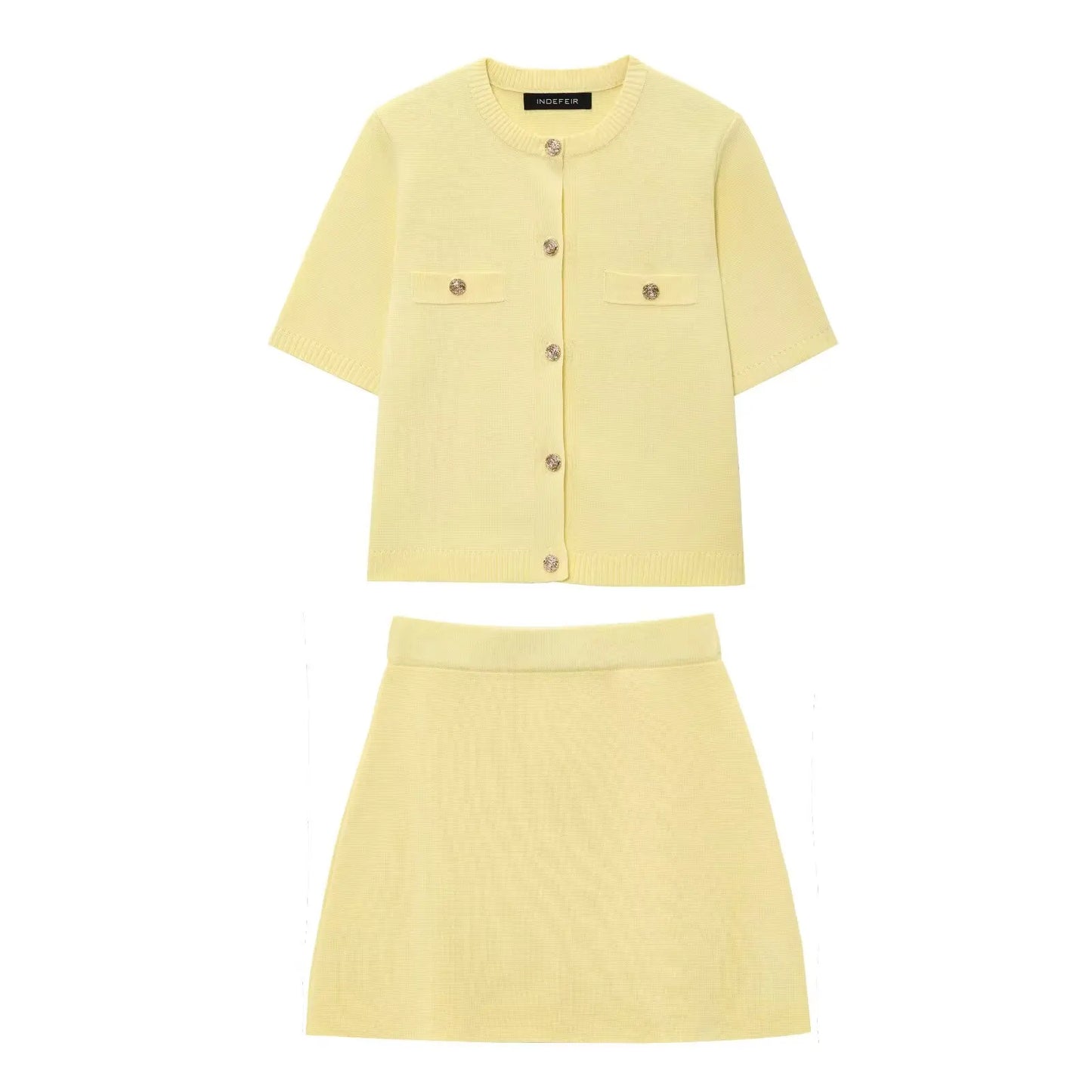 Knitted Skirt Suit Crew Neck Single-Breasted Short Sleeve Top+Fashion Elegant Elastic Waist Mini Skirt