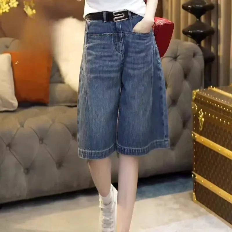 High Waist Loose Fit Thin Denim orts Women's Summer Casual Straight Leg Vintage Five-Point Pants Wide Leg Bootcut Jeans