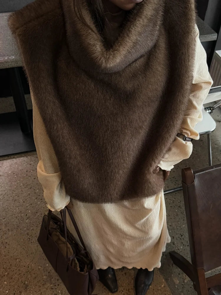 Chic Brown Sleeveless Faux Fur Vest Women's Casual Loose Fit