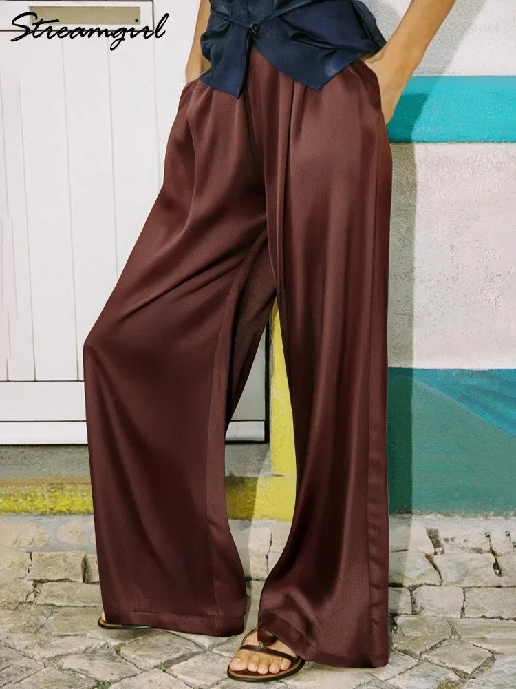 Luxury Wide Leg Baggy Satin High Waist Pants For Women Trousers With Pockets