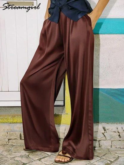 Luxury Wide Leg Baggy Satin High Waist Pants For Women Trousers With Pockets