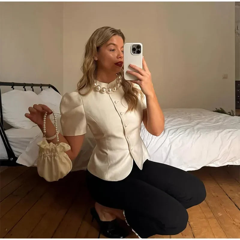 Solid Satin Round Neck Waist Cincher Shirt Slim Short Puffer Sleeved Single Breasted Tops 2026 Spring Women Elegant Blouses