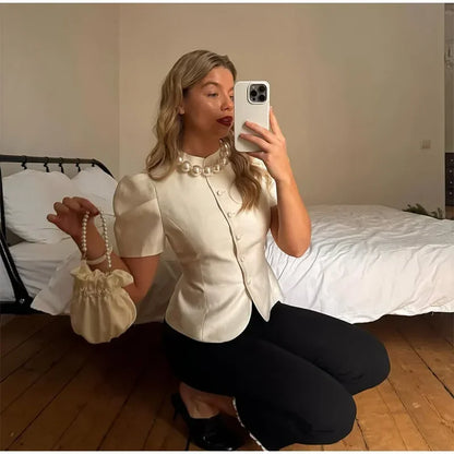 Solid Satin Round Neck Waist Cincher Shirt Slim Short Puffer Sleeved Single Breasted Tops 2026 Spring Women Elegant Blouses