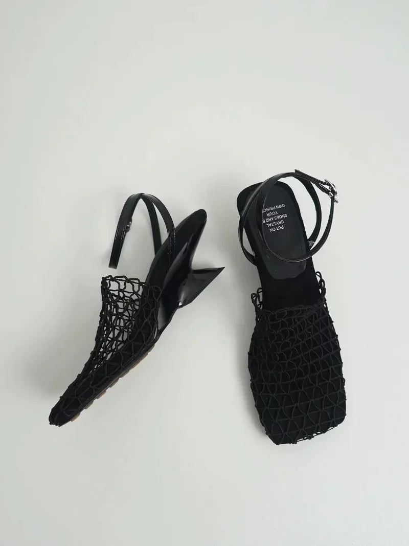 Luxury women's lace Mesh Fashion Sandals- Square Toe Shallow Narrow Strap Braided Slip-on High Heels Sandals