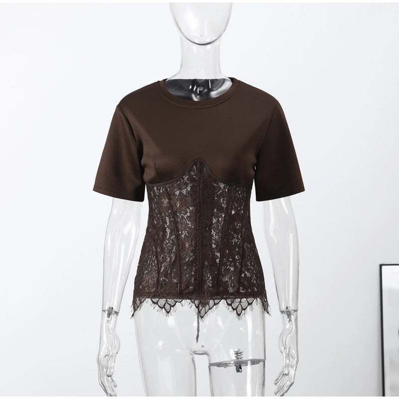 Fashion Floral Lace Fish-bone Patchwork Shirts For Women 2026 Spring New Chic Short Sleeve O-neck Blouse Lady Street Y2K Tops