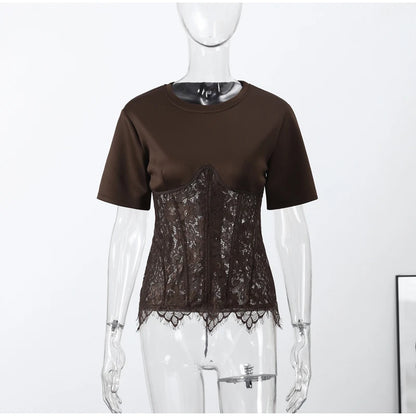 Fashion Floral Lace Fish-bone Patchwork Shirts For Women 2026 Spring New Chic Short Sleeve O-neck Blouse Lady Street Y2K Tops