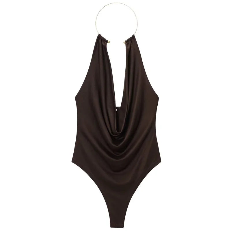 Sexy Jewel Halter Draped Backless Bodysuit